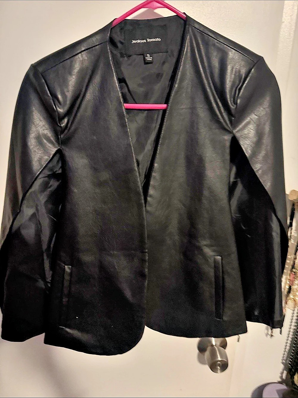 jordan craig Black Faux Leather Blazer Size Small with little black dress.